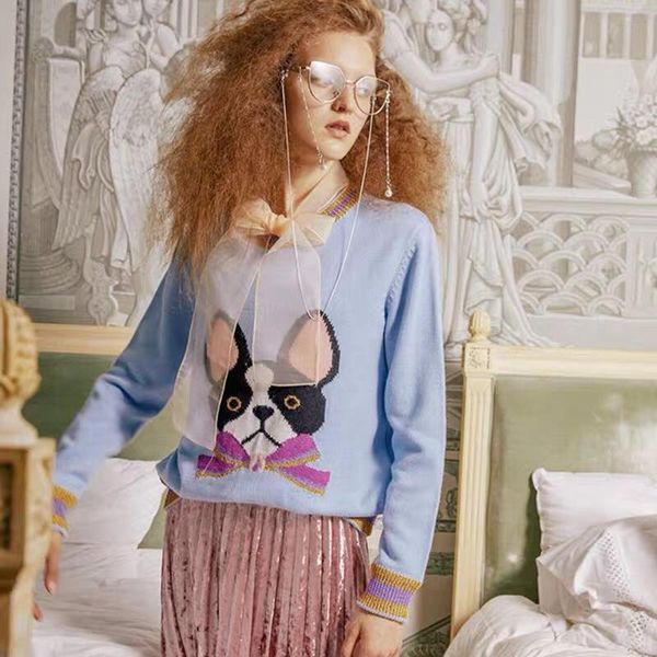 

Новый 2018 Sky Синий Длинные рукава Женские свитера Dogs печати Вышивка Дизайнер Пулов