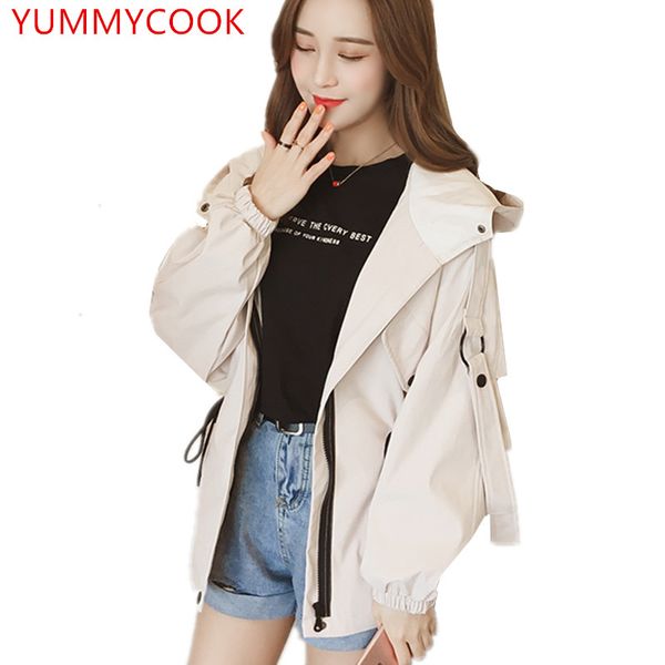 

autumn new 2018 fashion loose large size solid color hooded long-sleeved short paragraph windbreaker coat women's clothing a467, Tan;black