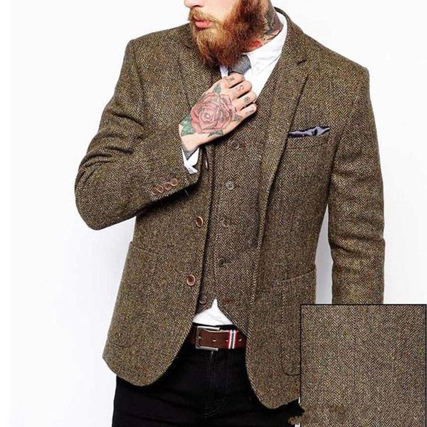 Весна Зима Мода BrownTweed Жених Смокинги Человек Blazer Notch Отворот Три Кнопки Мужчины Бизнес-Ужин Пром Костюм(Куртка+Брюки+Галстук+Жилет) 1153