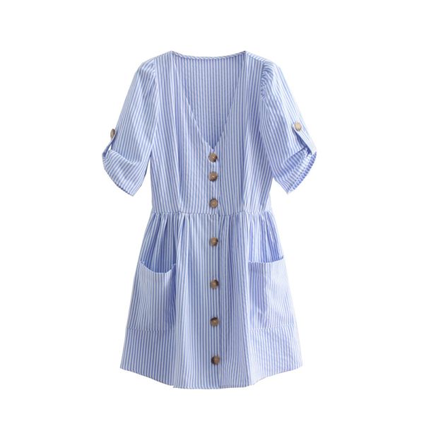 

womens blue vertical striped large pocket dress v-neck single-breasted decoration 2018 summer slim resort beach dress, Black;gray