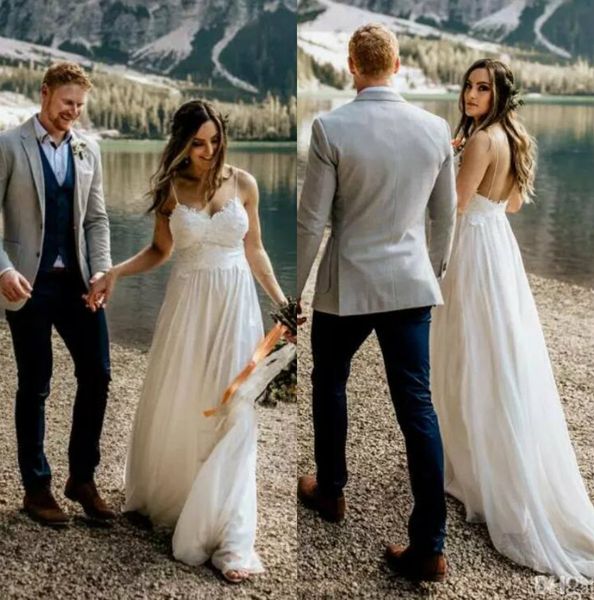 

a line boho wedding dresses spaghetti backless sweep train simple lace beach wedding dress custom made plus size bridal gowns, White