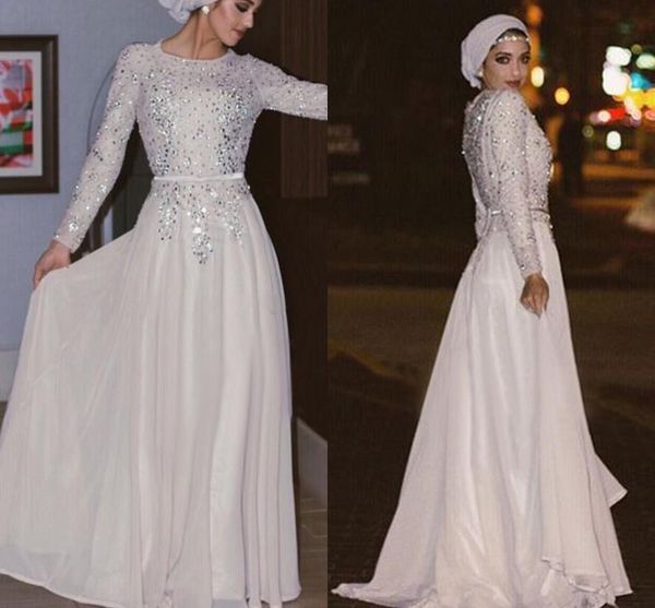 

long sleeves muslim evening dresses silver sequins crystal beaded chiffon floor length shinning arabic abaya white prom dresses with sash, Black;red