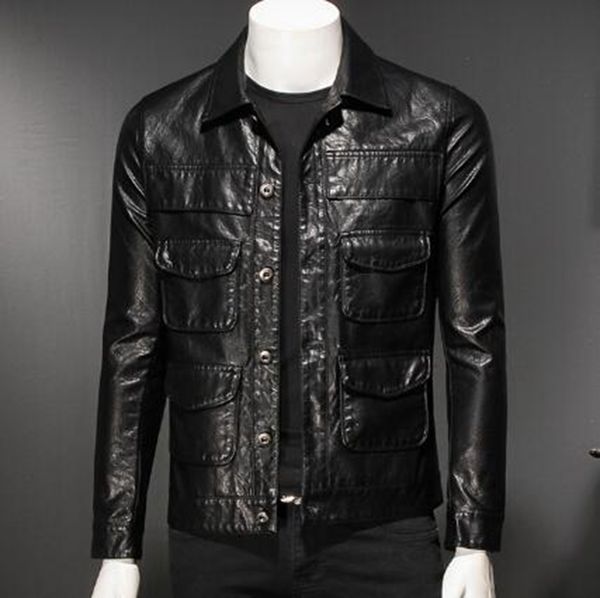 

men's fall european american and korean version of british luxury fashion leisure multi-pocket handsome pu leather coat 668 / m-5xl, Black