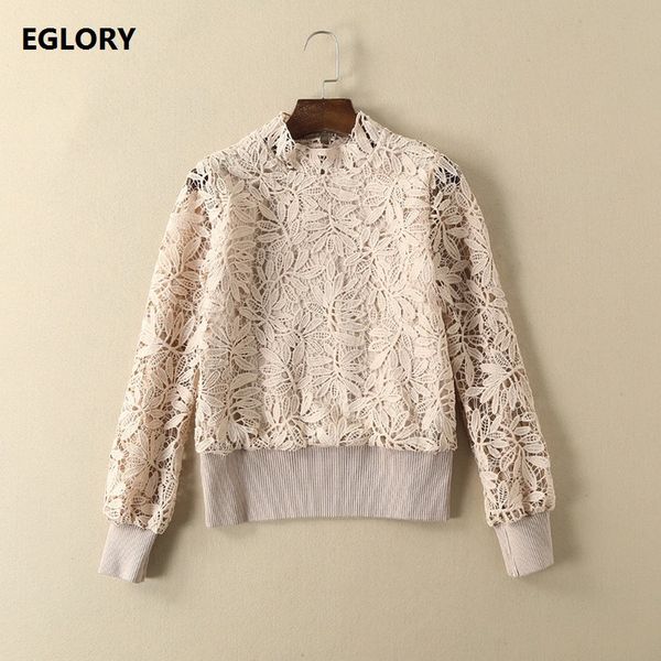 

new high street fashion blouses 2017 autumn winter women hollow out lace embroidery rib knit patchwork casual lace blouson, White