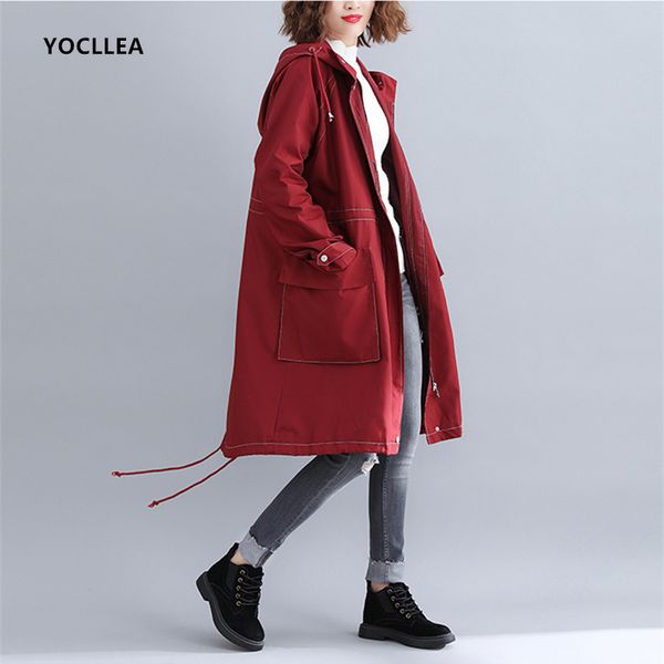 

red hooded trench coat for women 2018 autumn winter jacket women long sleeve cardigan trench outwear feminino loose casual, Tan;black