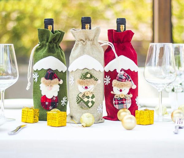 

linen snowman bottle bag christmas red wine champagne bottle cover table decoration christmas ornament 14x31 cm