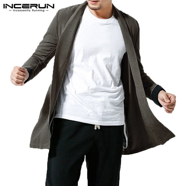 

incerun 2018 mens outerwear cardigan lapel long sleeve cotton streetwear cloak open stitch casual vintage trench coat men l-5xl, Tan;black