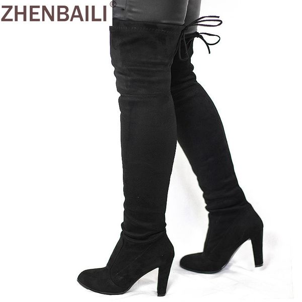 

women faux suede thigh high boots fashion over the knee boot stretch flock overknee high heels woman shoes black red gray
