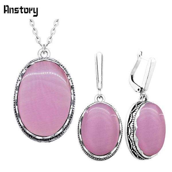 

oval opal choker necklace earrings jewelry set stainless steel chain hollow flower pendant fashion party gift ts335, Silver