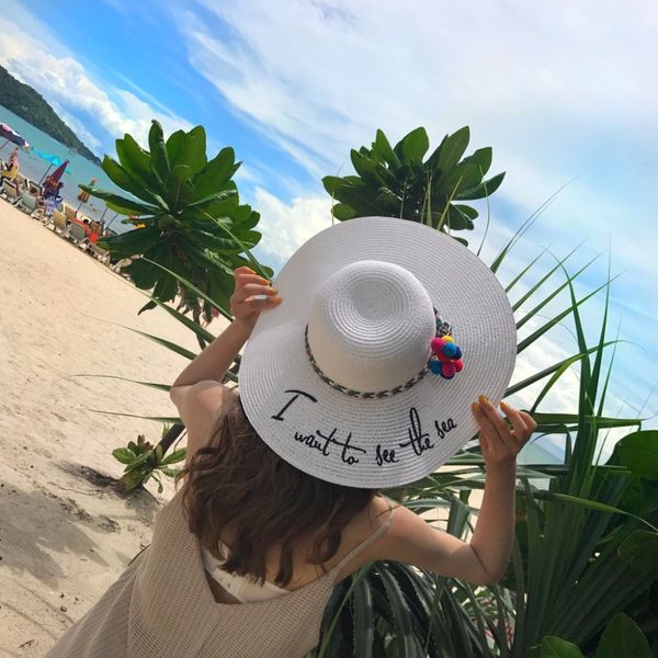 

sun hat women beach sun caps wide brim ladies summer straw new i want to see the sea embroidery, Blue;gray