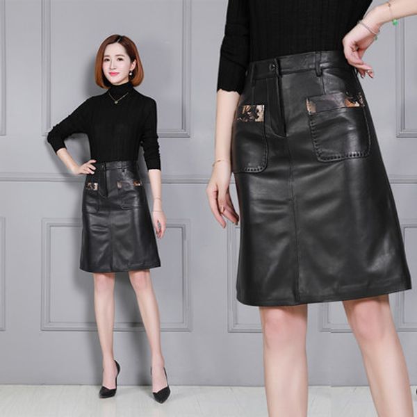 

2018 new fashion genuine sheep leather skirt k56, Black