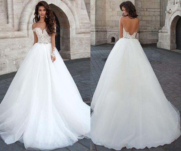 

new designer backless wedding dresses sheer crew neck long illusion sleeves lace appliques long a-line bridal gowns hy4116, White