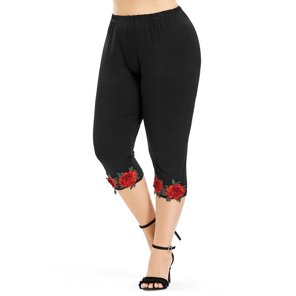 

wipalo plus size 5xl high waist cropped leggings women pants capri causal flower appliques pencil pants 2018 women's trousers, Black