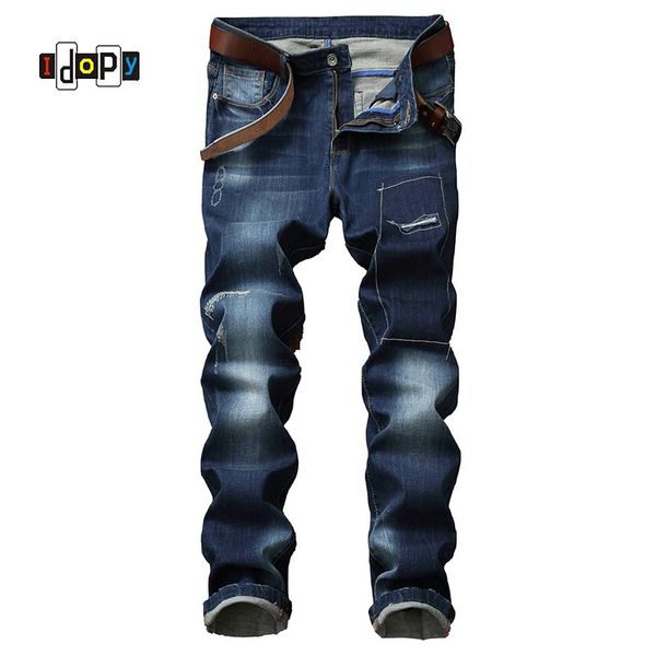 

fashion men's straight fit jeans ripped holes stretch denim pants blue vintage washed patchwork jean trousers for men