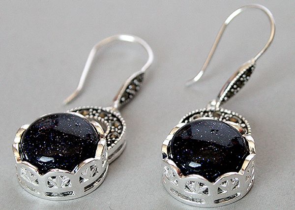 

charm lady's 925 sterling silver blue sand stone marcasite earrings 14/5, Golden;silver