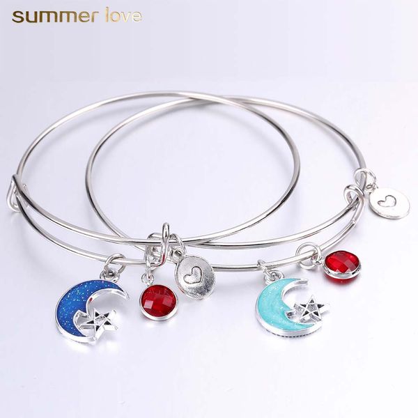

platium color moon star crystal pendants bangle bracelets for women round love wire bangle adjustable size diy jewelry 2018, Black