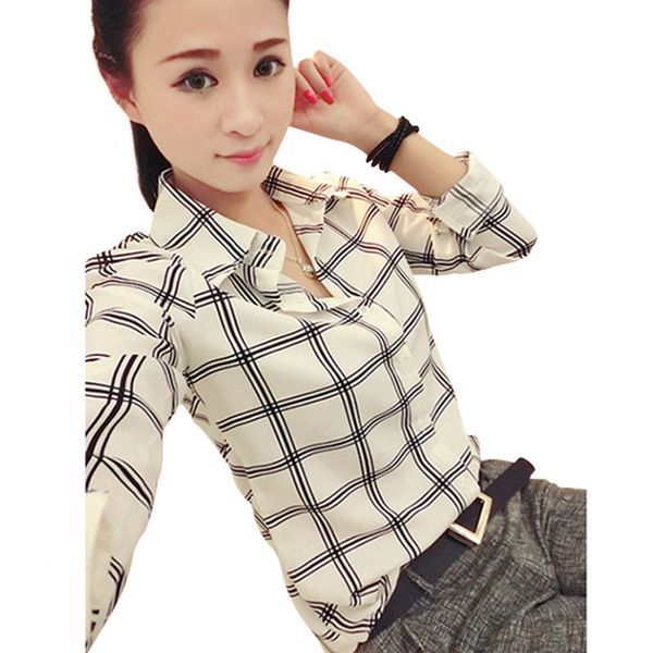 

women career office ladies shirt casual plaids long sleeve blouses fitted, White