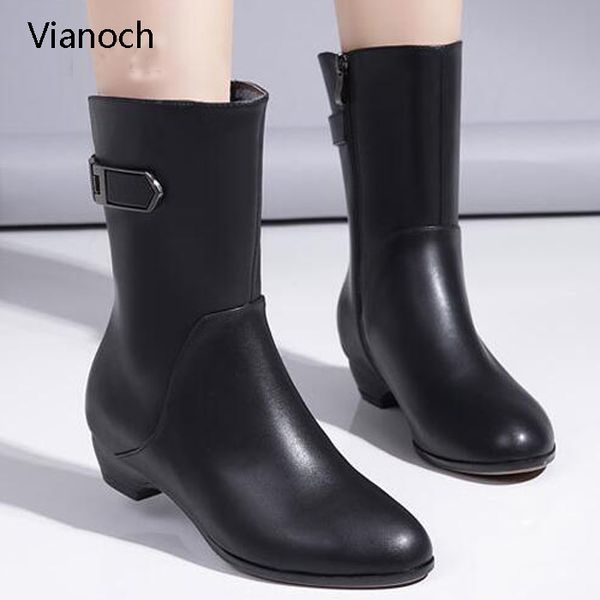 

2018 fashion womens boots mid calf keep warm shoes with fur flats winter shoe lady wo180871, Black
