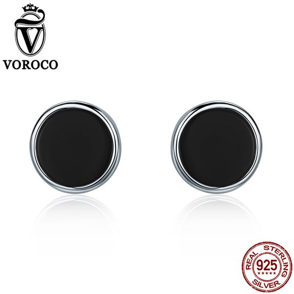 

voroco 2017 100% sterling silver simple round minimalist natural black agate earrings vintage stud earrings simple fine jewelry, Golden;silver