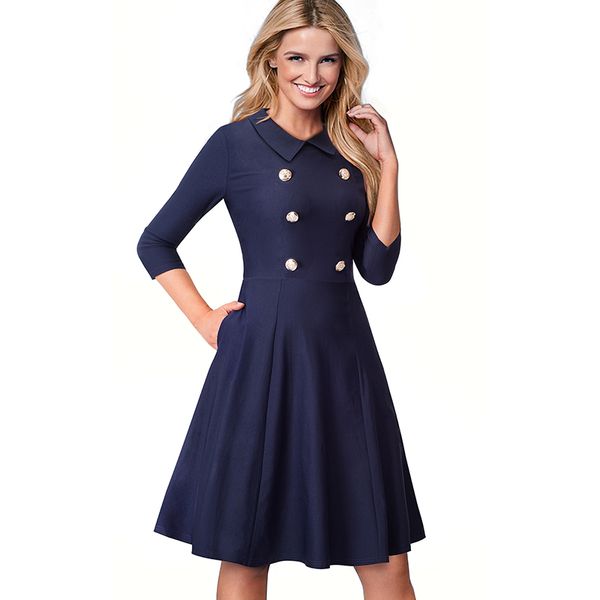 

high waist slim dresses navy blue for women three quarter sleeve peter pan collar a line dress black, Black;gray