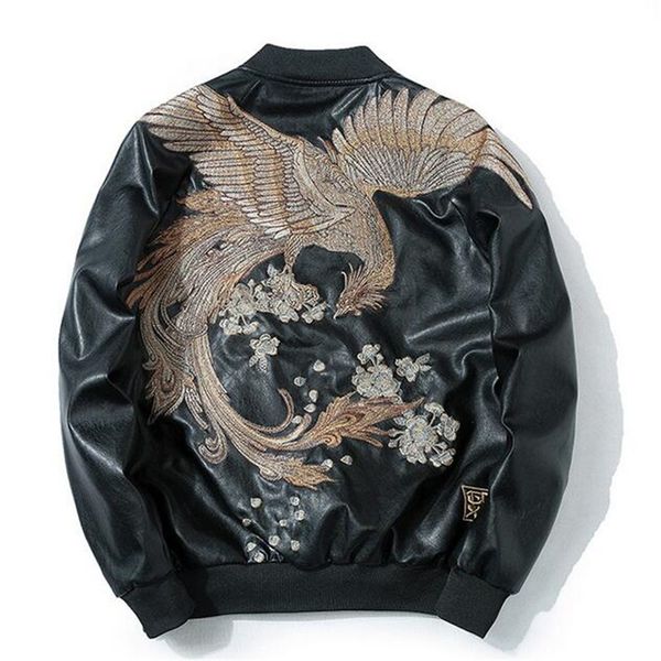 

moruancle fashion men flower embroidered leather bomber jackets and coats varsity baseball jacket with embroidery outerwear, Black;brown