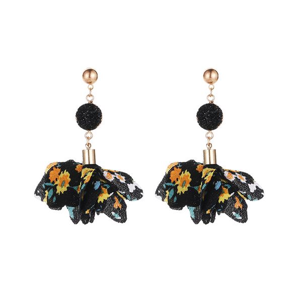 

black chiffon flowers crystal long drop earring bohemia style elegant women fashion charm jewelry colorful flower dangle earring, Silver