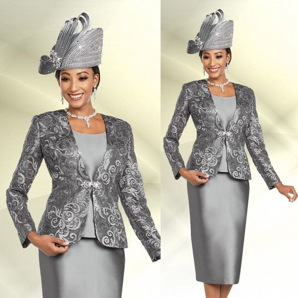 

elegant silver long sleeve mother of the bride dresses with jacket boat neck lace wedding guest gowns knee length mother of groom dress, Black;red