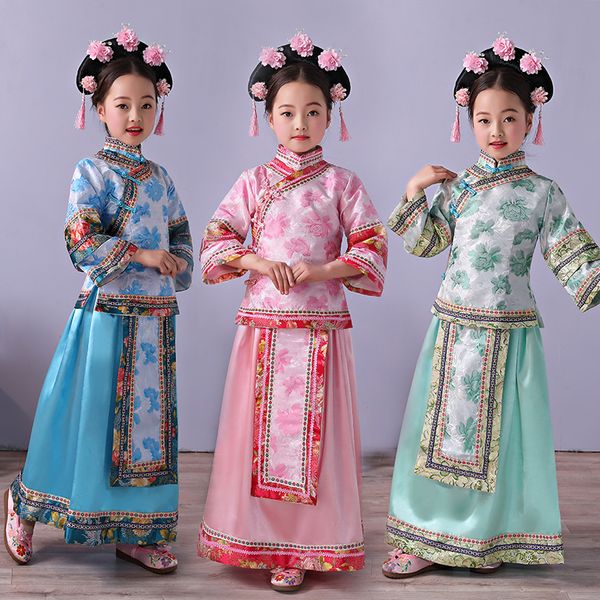 

lovely girl's qing dynasty dramaturgic dress children suit chinese traditional kids ancient infanta costume dande wear cosplay, Black;red