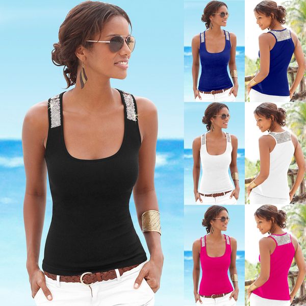 

women tank plus size s- 3xl europe united states summer beads pathwork square collar sleeveless, White