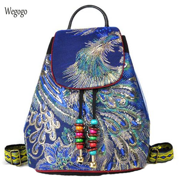 

boho vintage women backpack embroidery peacock sequin rucksack national beads travel school shoulder bag for woman