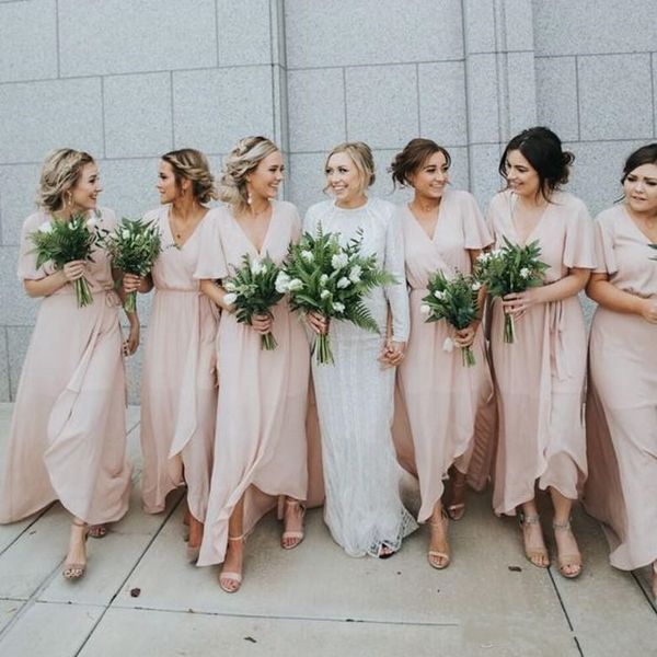 

2018 new chiffon country a line bridesmaid dresses short sleeves pleast flowing ankle length wedding guest party dresses custom made, Blue;red