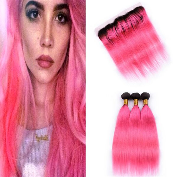 2019 Dark Roots Pink Ombre Hair Extension Bundles With Frontal