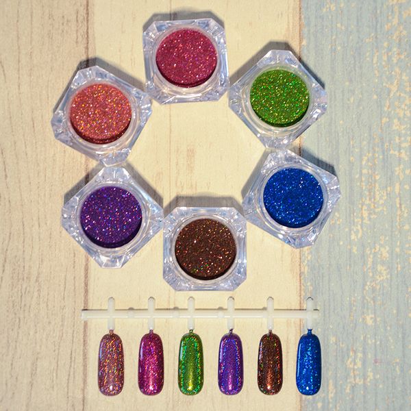 

6 pcs holographic glitter laser powder nail art glitter gorgeous nail powder dust chrome pigments 6 different colors, Silver;gold
