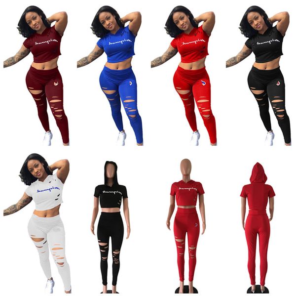 

Women champion track uit ripped hole t hirt crop pant legging 2pc et hort leeve outfit bodycon t hirt port wear uit b3042