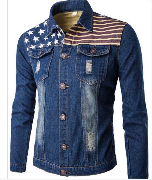 

Winter Autumn Men American Flag Shirt Washed Long Sleeve Denim Jacket Casual Denim Jacket Size M-2XL