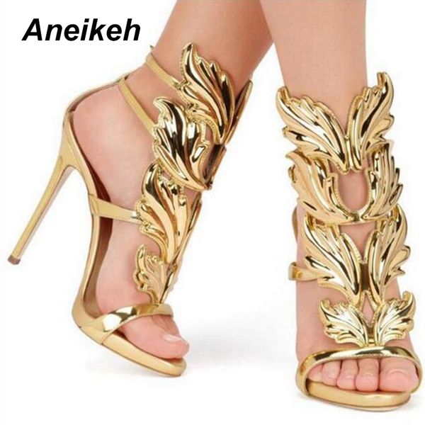 

new summer women high heel sandals gold leaf flame gladiator sandal shoe party dress shoe woman patent leather high heels 866-50, Black