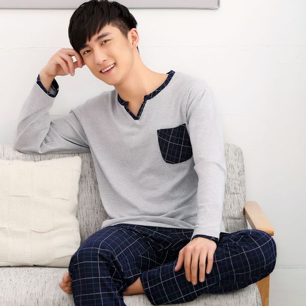 

men pajama sets 100% coon 2017 spring and autumn male sleepwear long-sleeve o-neck pullover plaid lounge sleep set, Black;brown