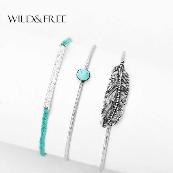 

bohemian style 3 pcs leaves opening cuff bracelets & bangles rope chain blue stone long tassel pendant bangles jewelry for women, Golden;silver