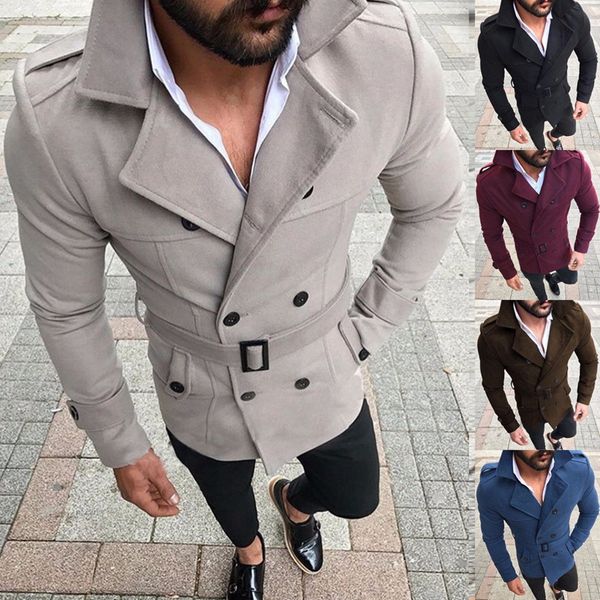 

men winter wool warm trench coat reefer jackets double breasted peacoat outwear, Tan;black
