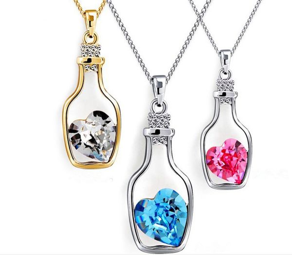 20 pcs desejando garrafa pingente de colar para o amante namorada mulheres moda elegante colar com flash de diamante coração colar de cristal austríaco