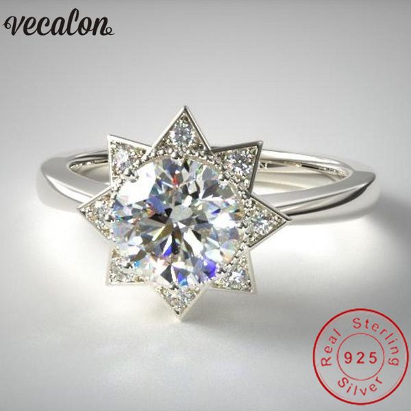 Vecalon Fine Jewelry Star Sol Forma 100% Soild 925 Sterling Silver Ring 5A Zircão CZ Anéis de Casamento de Noivado para Mulheres Homens