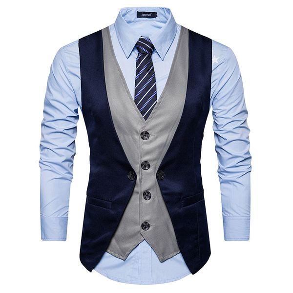 

2018 new arrived business style men v-neck fake two patchwork slim fit button business suit vest us size 2xl, Black;white