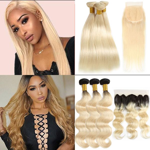 

8a brazilian 613 ombre straight human hair bundles with closure unprocessed body wave 1b 613 bundles with frontal human hair extensions, Black