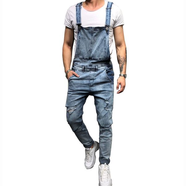 

moruancle fashion men's ripped jeans jumpsuits hi street distressed denim bib overalls for man suspender pants size s-xxxl, Blue