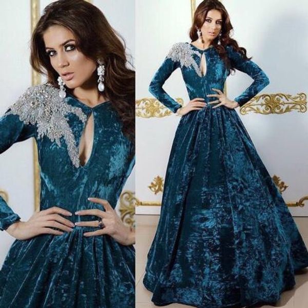 

elegant velvet mermaid evening dresses long sleeve keyhole neck a line formal prom gowns crystals party dress custom made, Black;red