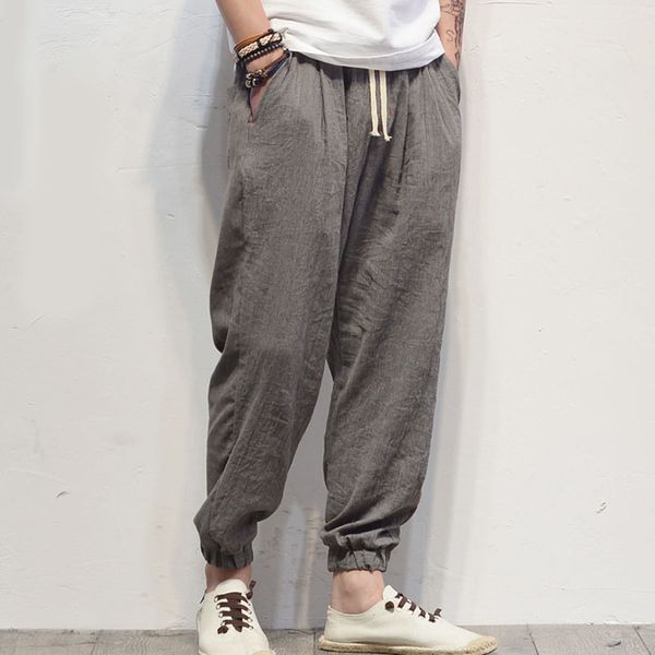 

men linen pants thin 2018 spring and autumn chinese style bloomers pants male loose casual beam trousers black gray