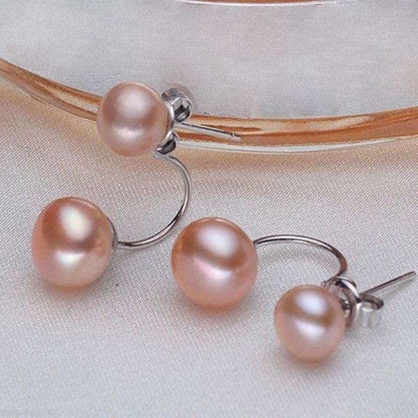 

new style women's double pink freshwater pearl sterling silver stud earring, Golden;silver