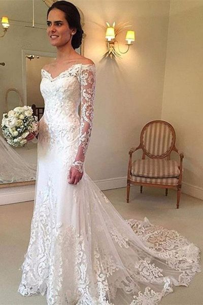 

romantic transparent new long sleeve v neck mermaid lace tulle wedding dresses stunning bridal gowns 2019 princess handmade appliques, White