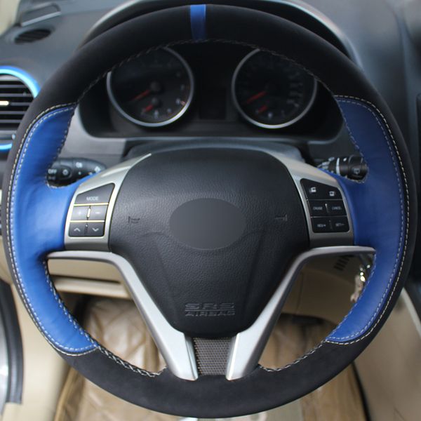 

black suede blue genuine leather diy hand-stitched car steering wheel cover for great wall haval hover h6