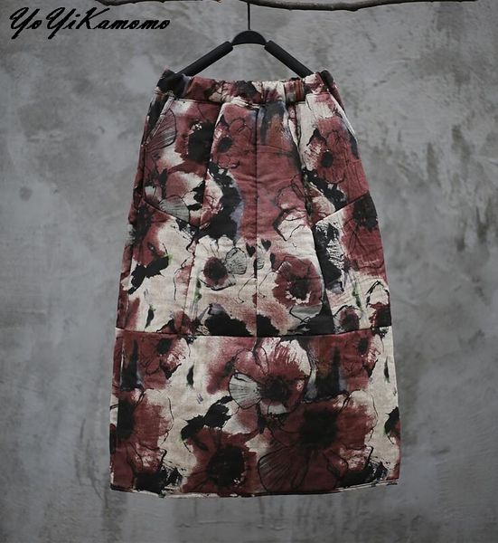 

yoyikamomo winter skirt women 2017 new original vintage print floral women elastic waist thick skirt, Black